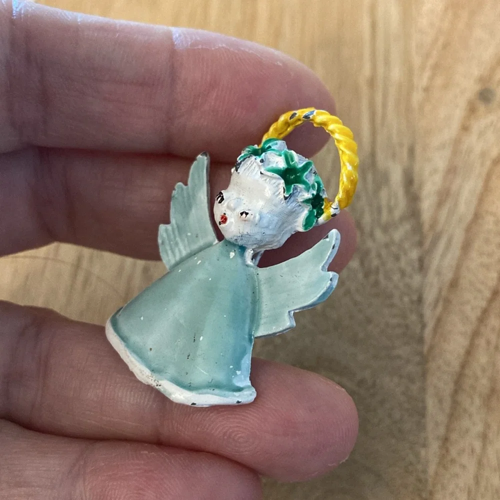 Vintage angel brooch halo light green dress and wings Christmas pin